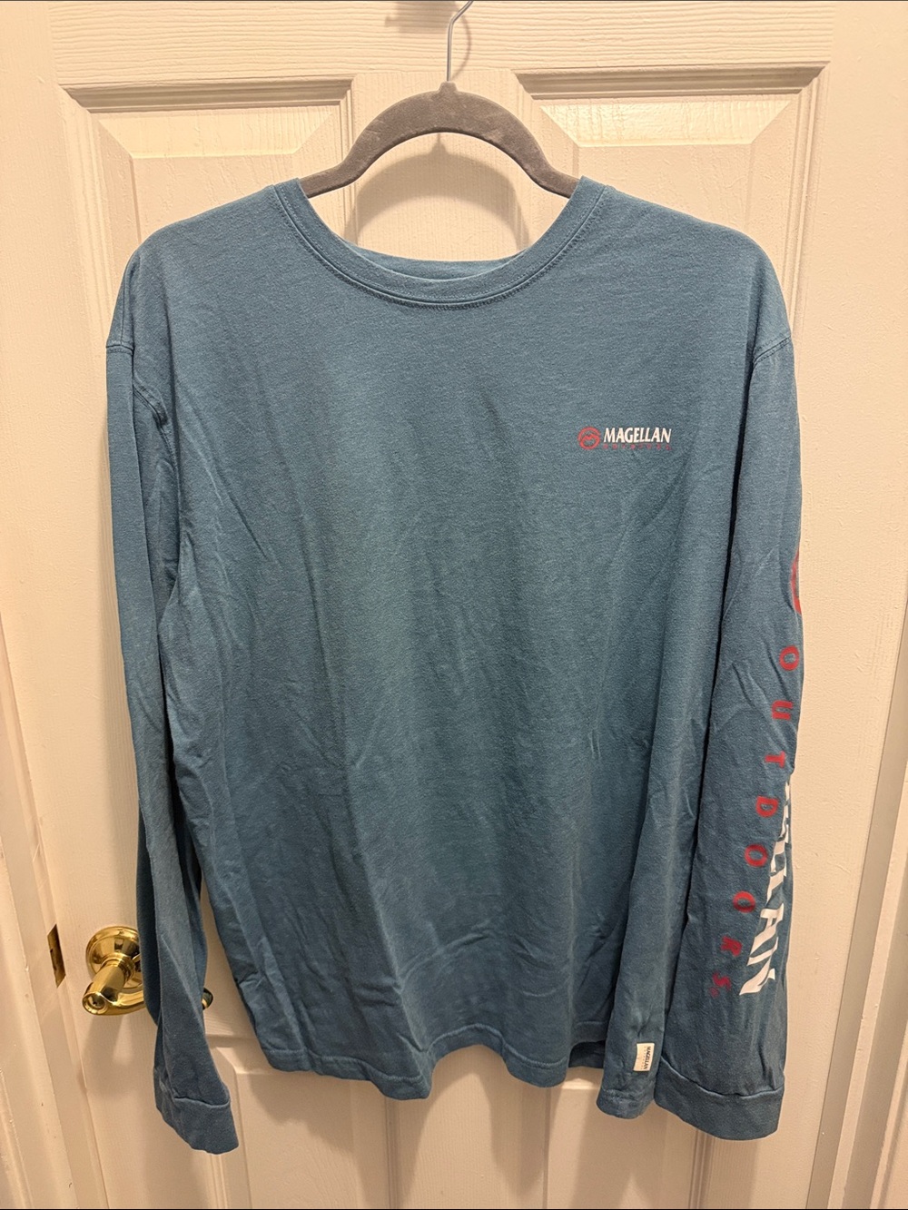 Magellan Outdoors Classic Long Sleeve Crew in Teal Blue with Red Logo